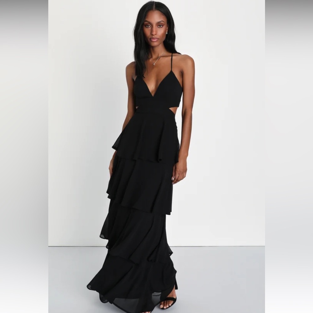 Lulus Tier and Now Black Tie-Back Tiered Maxi Dress